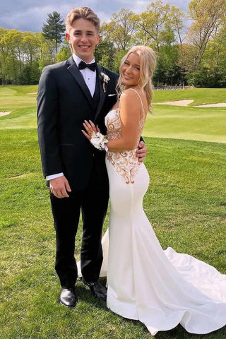 Weißes Ballkleid im Meerjungfrau-Stil mit Spaghettiträgern und V-Ausschnitt und Applikationen PSK620