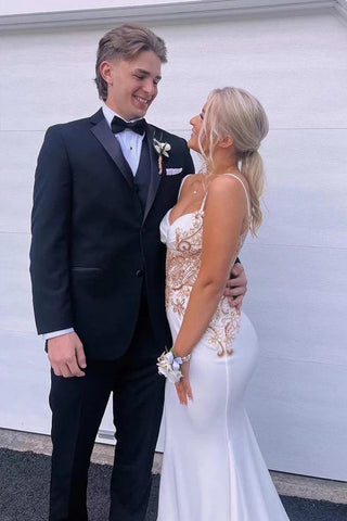 Weißes Ballkleid im Meerjungfrau-Stil mit Spaghettiträgern und V-Ausschnitt und Applikationen PSK620