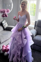 Spaghetti Straps V-Neck Ruffles Sleeveless Lilac Prom Dress PSK645
