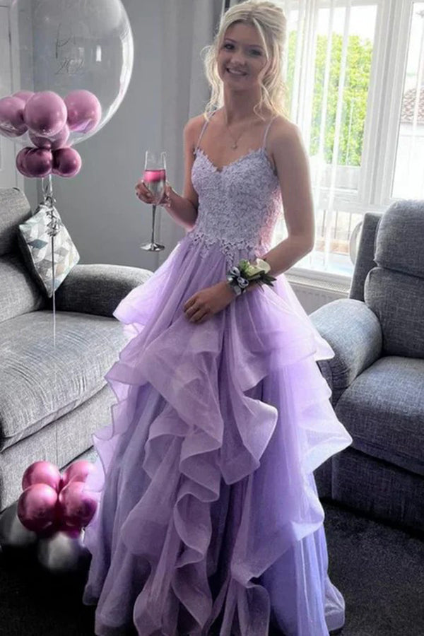Spaghetti Straps V-Neck Ruffles Sleeveless Lilac Prom Dress PSK645