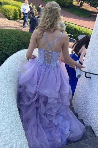Spaghettiträger V-Ausschnitt Rüschen Ärmellos Lila Ballkleid PSK645