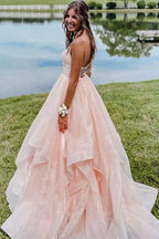 Spaghetti Straps V-Neck Ruffles Sleeveless Pink Long Prom Dress PSK639