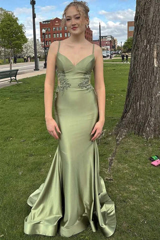 Spaghetti Mermaid Backless Strap Blue Long Prom Dress PSK648
