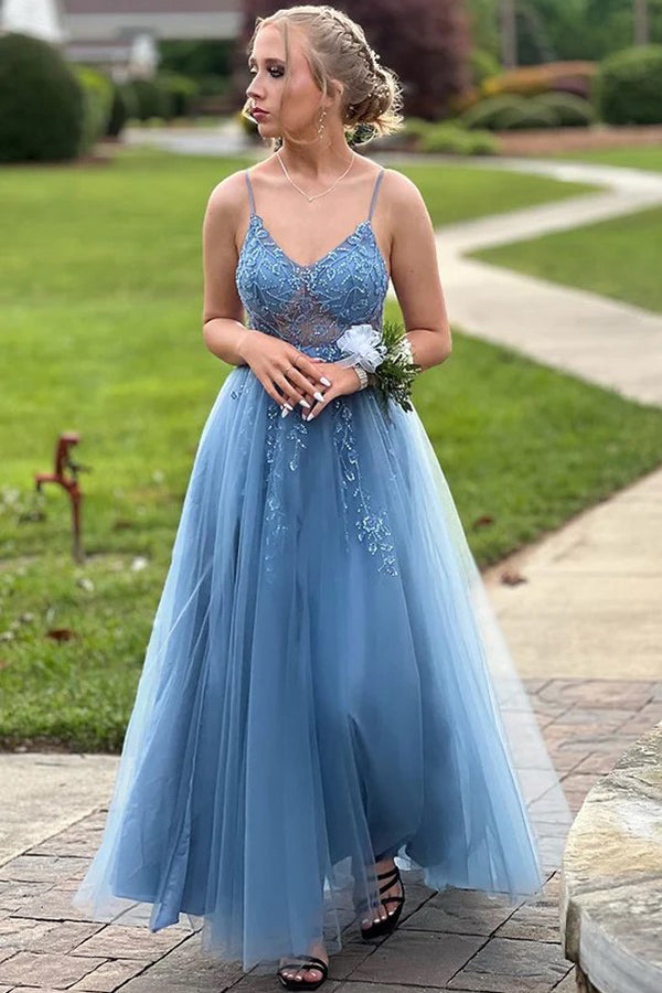 Spaghetti Straps V-Neck Ruffles Sleeveless Blue Prom Dress PSK646