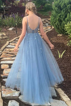 Spaghetti Straps V-Neck Ruffles Sleeveless Blue Prom Dress PSK646