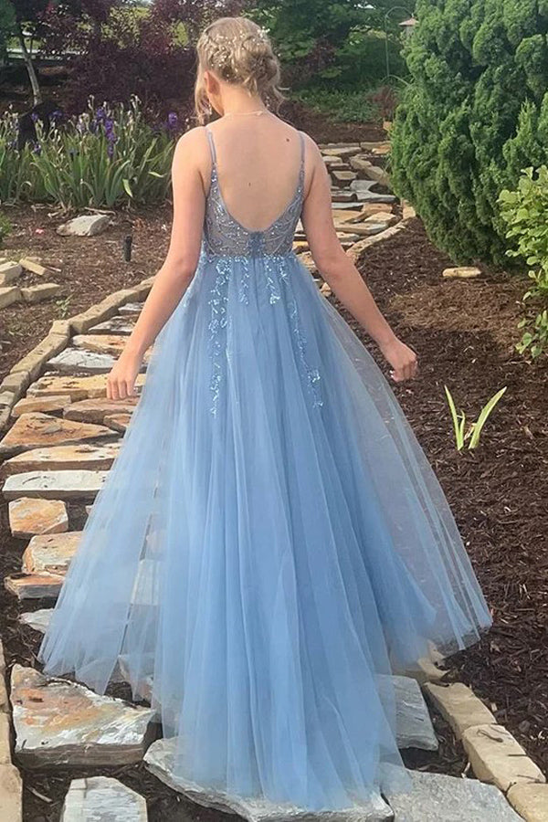 Spaghetti Straps V-Neck Ruffles Sleeveless Blue Prom Dress PSK646