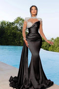 Robes de bal sirène noires longues à col haut en satin avec manches