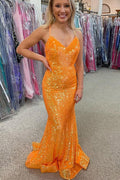 Robe de bal longue scintillante à paillettes orange sirène PSK283