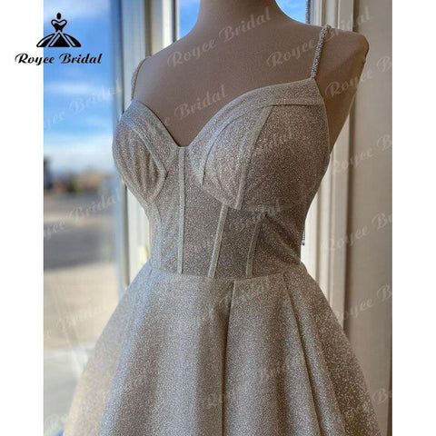 NumberSea Sparkly V-Ausschnitt Spaghettiträger Glänzender Glitzer A-Linie Brautkleid Hofschleppe 2025 Vinatge Boho Robe Soirée Mariage Brautkleid 