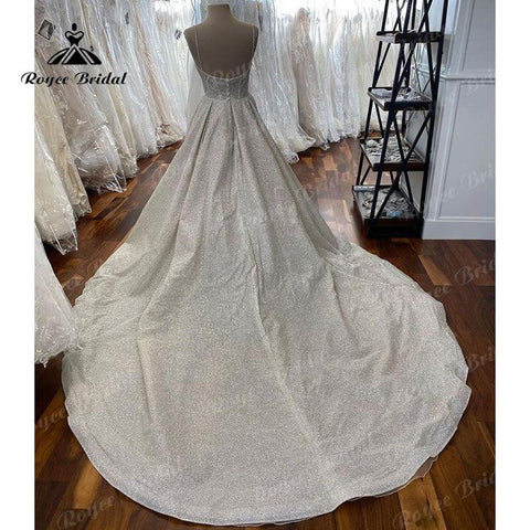 NumberSea Sparkly V-Ausschnitt Spaghettiträger Glänzender Glitzer A-Linie Brautkleid Hofschleppe 2025 Vinatge Boho Robe Soirée Mariage Brautkleid 