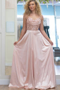 Robe de bal longue rose corset à bretelles spaghetti en ligne A étincelante PSK647