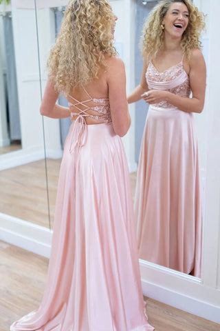 Sparkly A-Line Spaghetti Straps Corset Pink Long Prom Dress PSK647