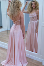 Sparkly A-Line Spaghetti Straps Corset Pink Long Prom Dress PSK647