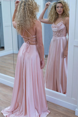 Sparkly A-Line Spaghetti Straps Corset Pink Long Prom Dress PSK647