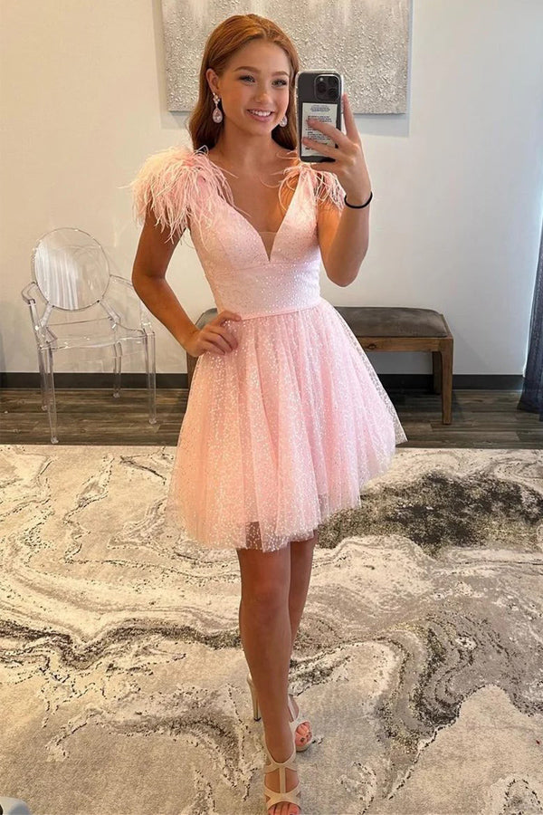 Sparkly A-Line V Neck Pink Homecoming Dress with Feathers PD520