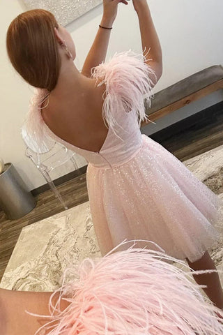 Glitzerndes A-Linien-Heimkehrkleid in Rosa mit V-Ausschnitt und Federn PD520