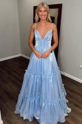 Glitzerndes A-Linien-Ballkleid mit V-Ausschnitt und Glitzer in Hellblau, langes Ballkleid PSK640