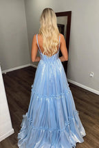 Sparkly A Line V Neck Glitter  Light Blue Long Prom Dress PSK640