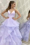 Abito da sera lungo da ballo a linea A in tulle lilla scintillante con scollatura a V e senza maniche PSK253