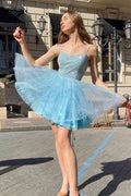 Funkelndes blaues A-Linien-Trägerkleid für den Homecoming-Abschlussball Kurze Ballkleider