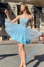 Funkelndes blaues A-Linien-Trägerkleid für den Homecoming-Abschlussball Kurze Ballkleider