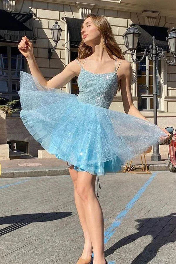 Funkelndes blaues A-Linien-Trägerkleid für den Homecoming-Abschlussball Kurze Ballkleider