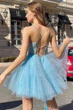 Funkelndes blaues A-Linien-Trägerkleid für den Homecoming-Abschlussball Kurze Ballkleider