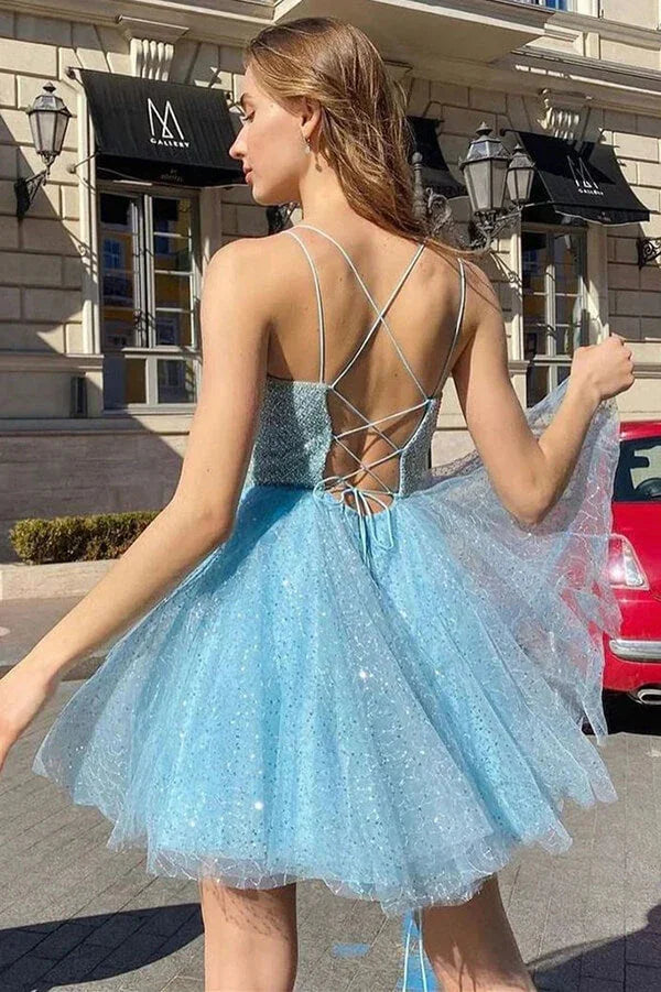 Funkelndes blaues A-Linien-Trägerkleid für den Homecoming-Abschlussball Kurze Ballkleider