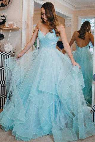 Sparkly Blue Straps Ruffles Long Prom/Evening Dress with Open Back  PG891