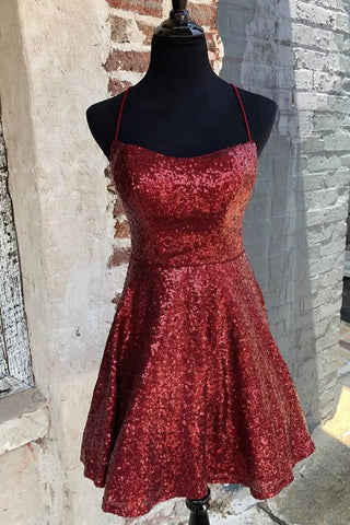 Glitzerndes Burgunderrotes Homecoming-Kleid, rückenfreies A-Linien-Mini-Partykleid PD383