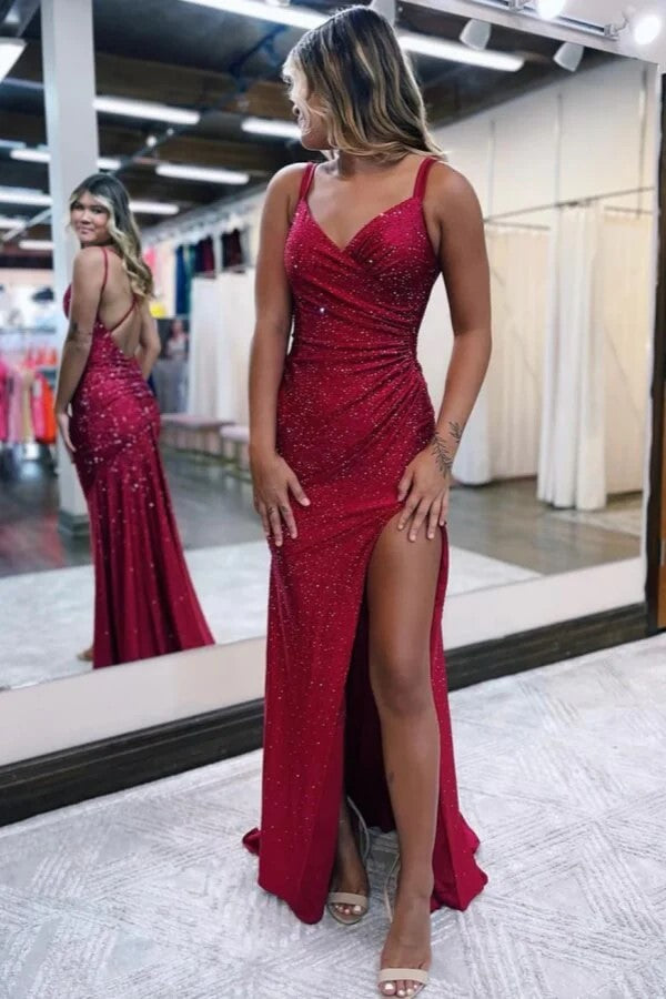 Sparkly Dark Red V Neck Sequins Long Prom Dress with Slit PSK689