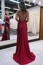Sparkly Dark Red V Neck Sequins Long Prom Dress with Slit PSK689