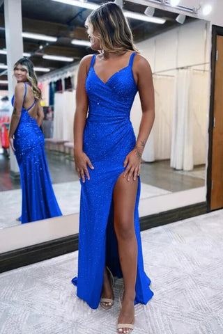 Sparkly Dark Red V Neck Sequins Long Prom Dress with Slit PSK689