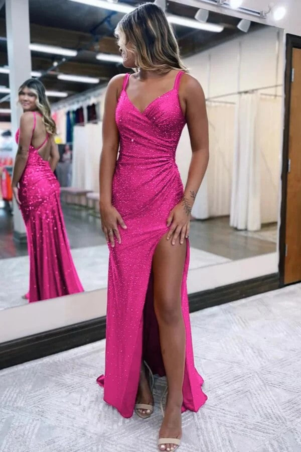 Sparkly Dark Red V Neck Sequins Long Prom Dress with Slit PSK689