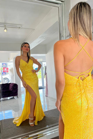 Glitzerndes langes Meerjungfrau-Ballkleid mit gelben Pailletten und Schnürung PSK464