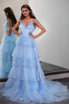 Sparkly Light Blue Tiered Tulle Long Prom Dress Party Dress PSK674