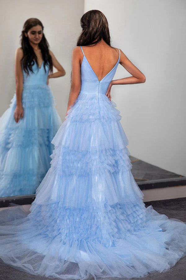 Sparkly Light Blue Tiered Tulle Long Prom Dress Party Dress PSK674