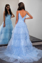 Sparkly Light Blue Tiered Tulle Long Prom Dress Party Dress PSK674