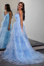 Sparkly Light Blue Tiered Tulle Long Prom Dress Party Dress PSK674