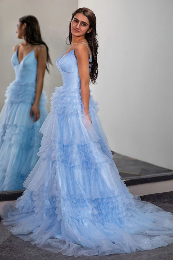 Sparkly Light Blue Tiered Tulle Long Prom Dress Party Dress PSK674