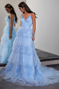 Glitzerndes, hellblaues, gestuftes Tüll-Langballkleid, Partykleid PSK674