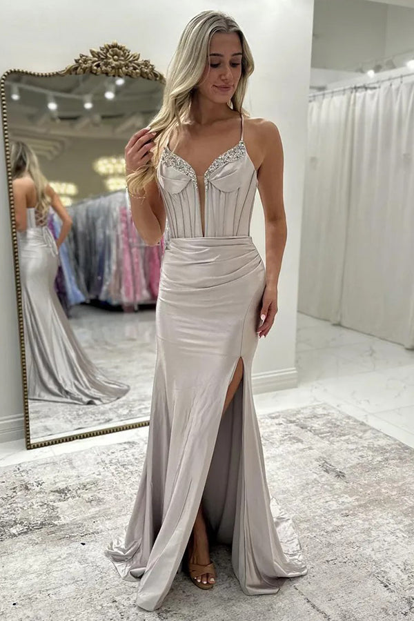 Sparkly Mermaid Beaded Corset Ruched Satin Yellow Prom Dress PSK697