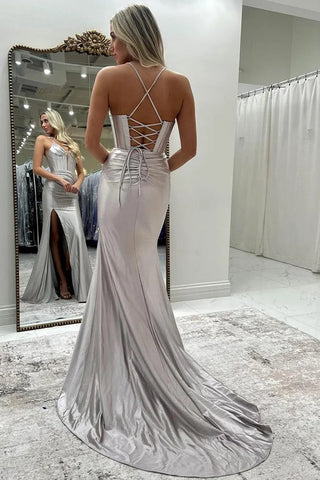 Sparkly Mermaid Beaded Corset Ruched Satin Yellow Prom Dress PSK697