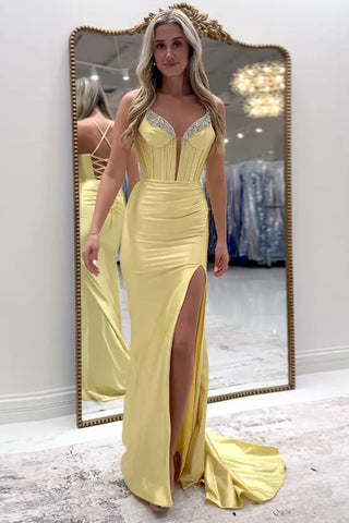 Sparkly Mermaid Beaded Corset Ruched Satin Yellow Prom Dress PSK697