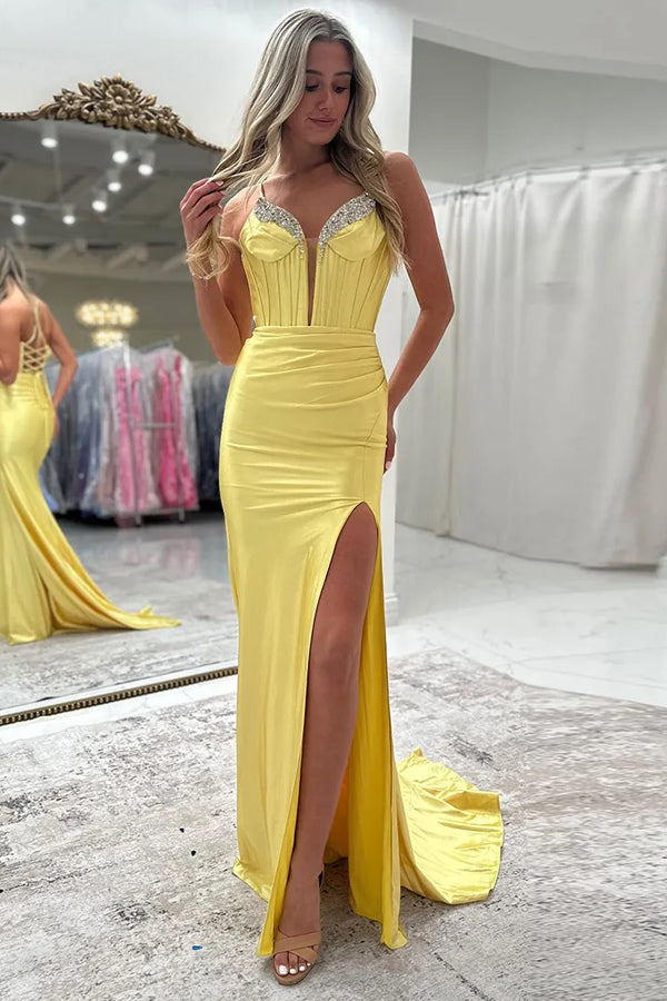 Sparkly Mermaid Beaded Corset Ruched Satin Yellow Prom Dress PSK697