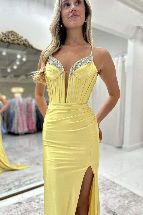 Sparkly Mermaid Beaded Corset Ruched Satin Yellow Prom Dress PSK697