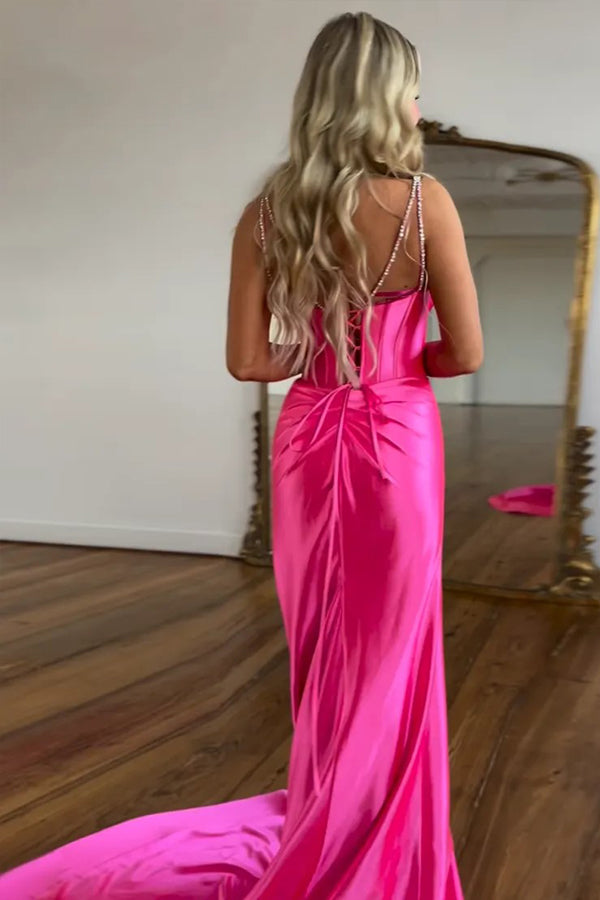 Sparkly Mermaid Beaded Corset Ruched Satin Yellow Prom Dress PSK697