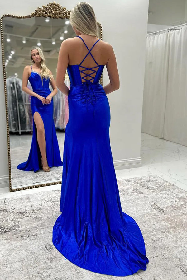 Sparkly Mermaid Beaded Corset Ruched Satin Yellow Prom Dress PSK697