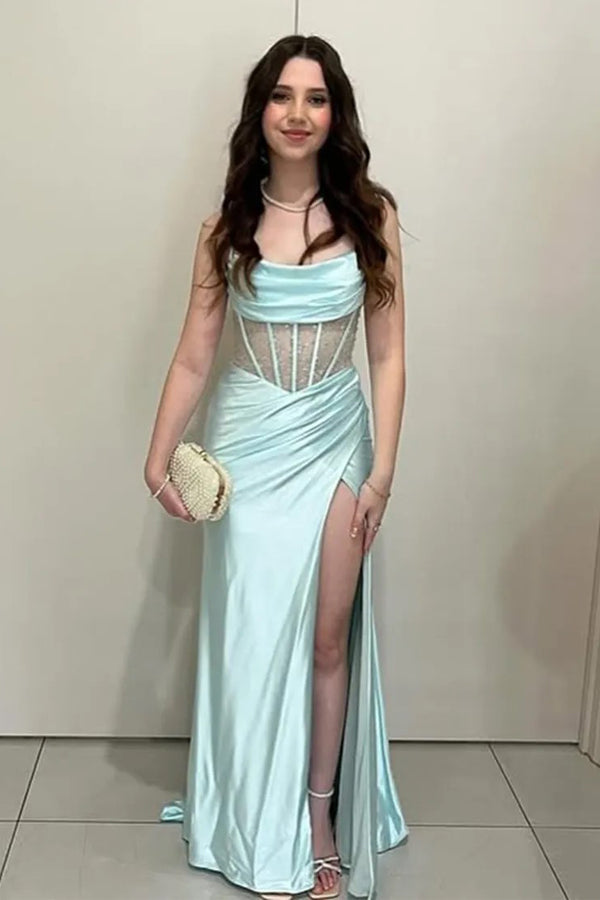 Sparkly Mermaid Corset Light Blue Long Prom Dress with Slit PSK641
