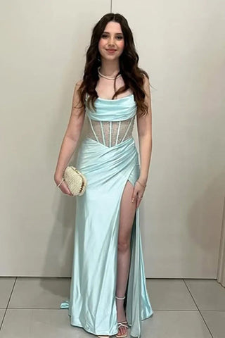 Vestido de festa comprido azul claro com racha e espartilho sereia brilhante PSK641